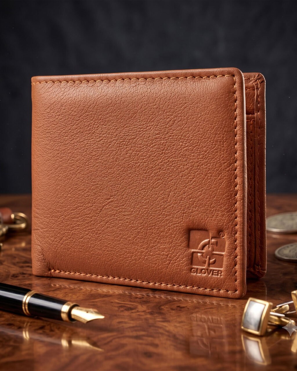 Men's Wallet in Full Grain Leather, Tan, Bi-Fold, 6 Card Slots, RFID Protected (Blocking) | Clover