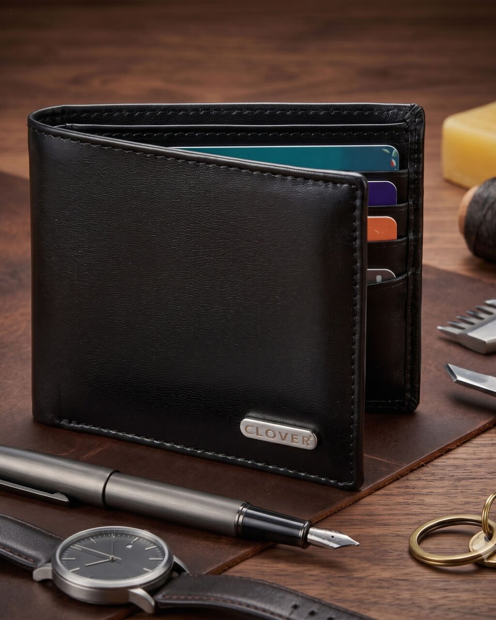 Men's Wallet, Full Grain Leather, Bi-Fold, 8 Card Slots, RFID Protected | Clover