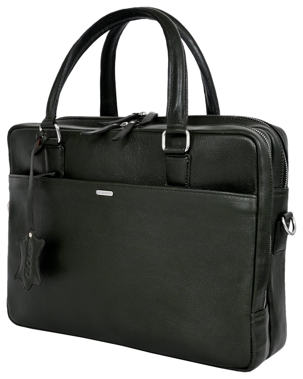 Black leather briefcase with top carrying handles, zippered main compartment, and silver hardware