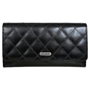 Bianca Quilted Ladies Clutch, Black, Analine Top Grain Leather, Multiple Card Slots, RFID Protected | Clover