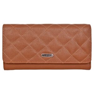 Bianca Quilted Ladies Clutch, Tan, Mild Top Grain Leather, Multiple Card Slots, RFID Protected | Clover