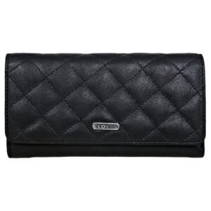 Bianca Quilted Ladies Clutch, Black, Mild Top Grain Leather, Multiple Card Slots, RFID Protected | Clover