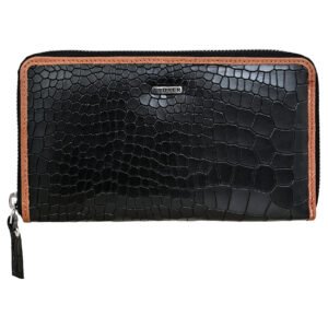 Fabrizia, Croco Finish Black Ladies Clutch with Tan Piping, Top Grain Leather, Multiple Card Slots with Coin Pocket, RFID Protected | Clover
