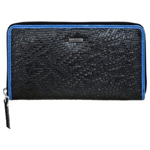 Fabrizia, Net Finish Black Ladies Clutch with Blue Piping, Top Grain Leather, Multiple Card Slots with Coin Pocket, RFID Protected | Clover