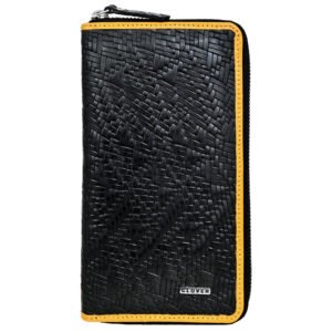 Fabrizia, Net Finish Black Ladies Clutch with Yellow Piping, Top Grain Leather, Multiple Card Slots with Coin Pocket, RFID Protected | Clover