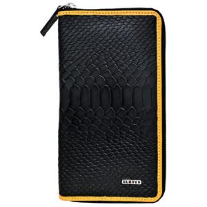 Fabrizia, Lizard Finish Black Ladies Clutch with Yellow Piping, Top Grain Leather, Multiple Card Slots with Coin Pocket, RFID Protected | Clover