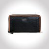 Fabrizia, Lizard Finish Black Ladies Clutch with Tan Piping, Top Grain Leather, Multiple Card Slots with Coin Pocket, RFID Protected | Clover