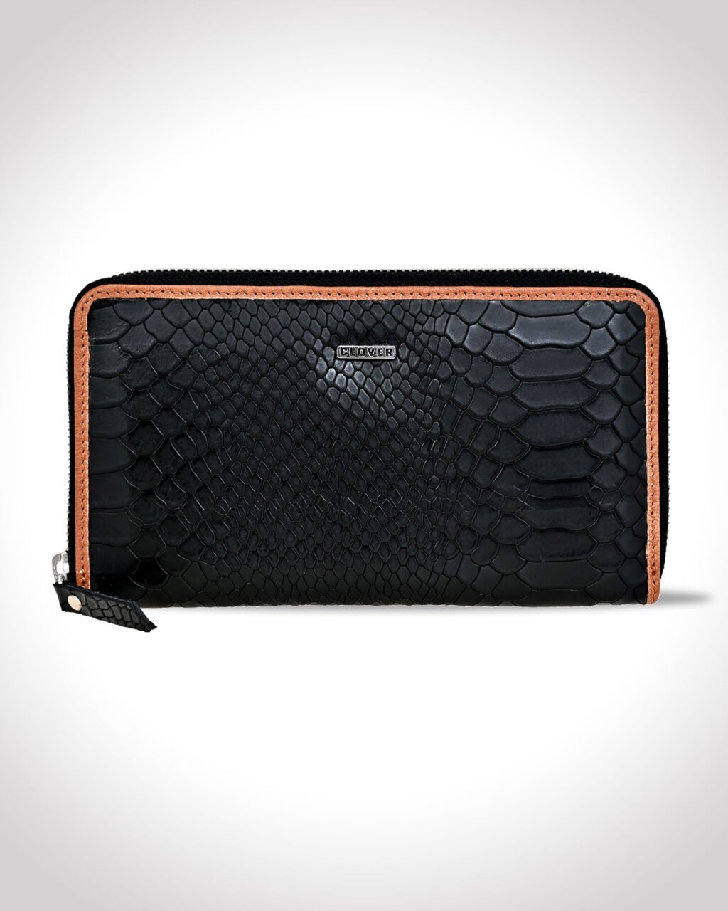 Fabrizia, Lizard Finish Black Ladies Clutch with Tan Piping, Top Grain Leather, Multiple Card Slots with Coin Pocket, RFID Protected | Clover