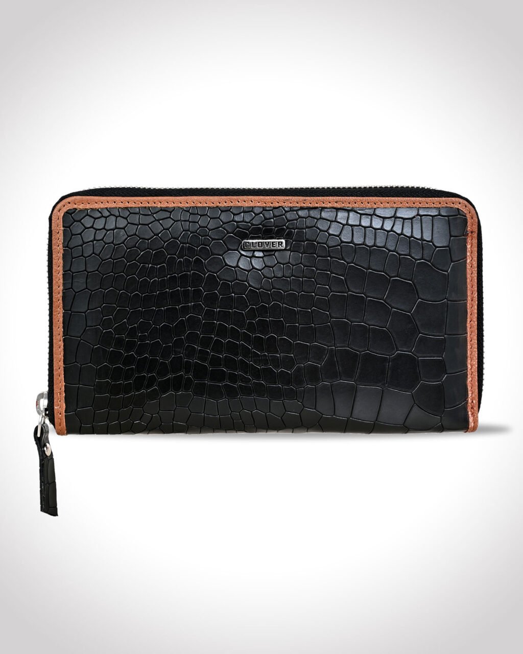 Fabrizia, Croco Finish Black Ladies Clutch with Tan Piping, Top Grain Leather, Multiple Card Slots with Coin Pocket, RFID Protected | Clover
