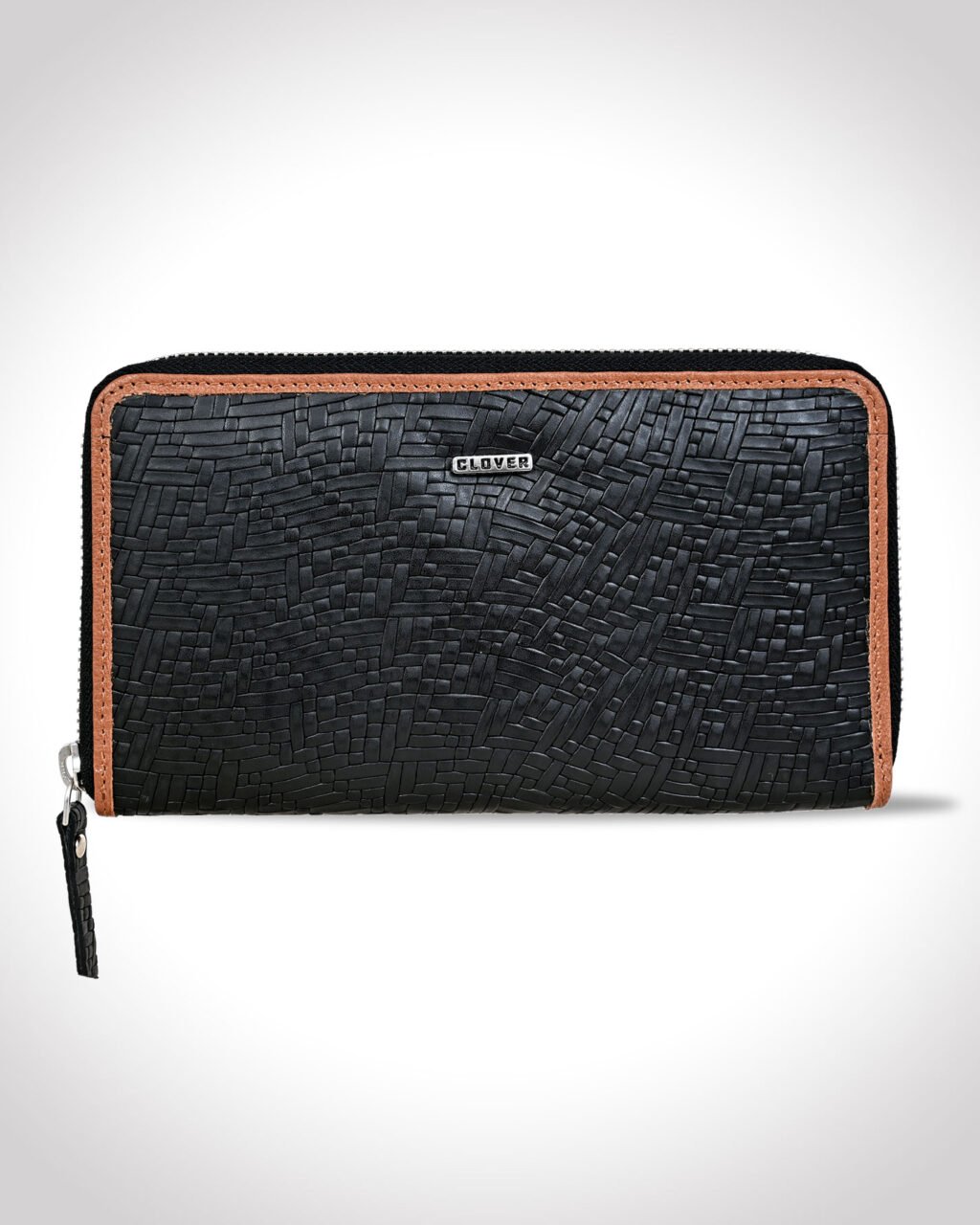 Fabrizia, Matt Finish Black Ladies Clutch with Tan Piping, Top Grain Leather, Multiple Card Slots with Coin Pocket, RFID Protected | Clover