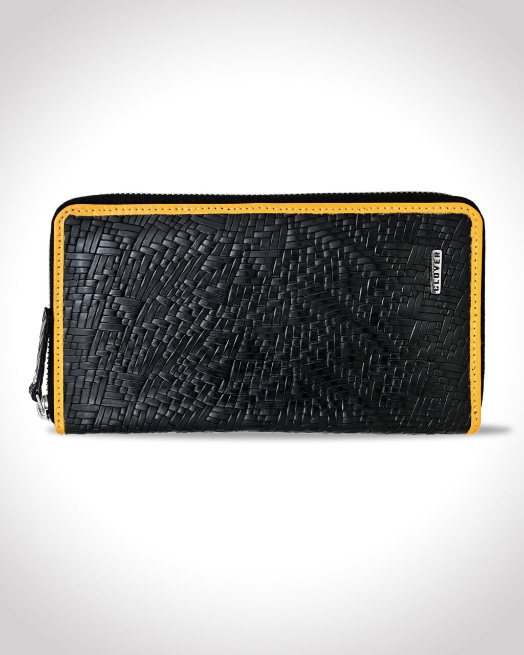 Fabrizia, Net Finish Black Ladies Clutch with Yellow Piping, Top Grain Leather, Multiple Card Slots with Coin Pocket, RFID Protected | Clover
