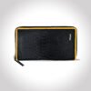 Fabrizia, Lizard Finish Black Ladies Clutch with Yellow Piping, Top Grain Leather, Multiple Card Slots with Coin Pocket, RFID Protected | Clover