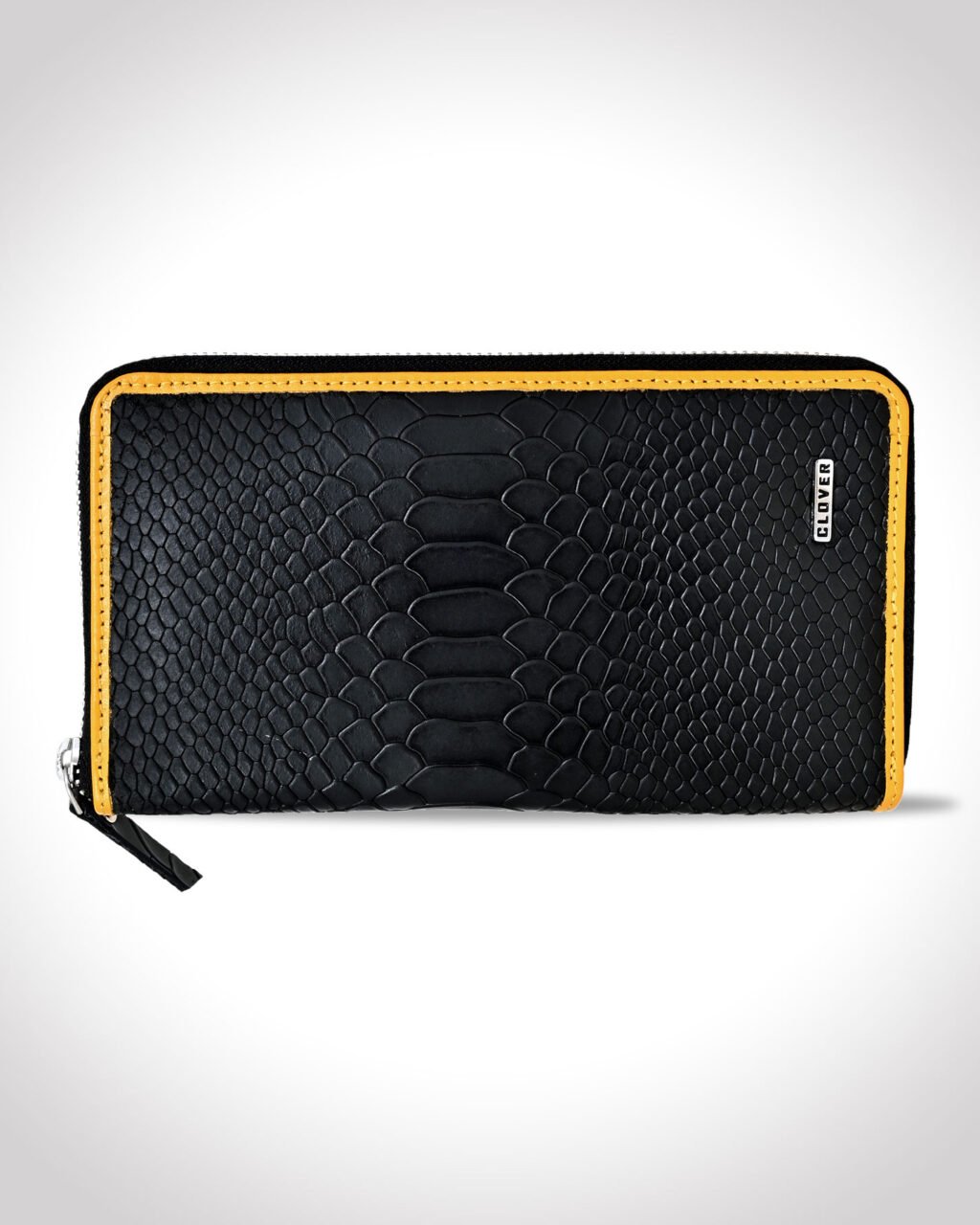 Fabrizia, Lizard Finish Black Ladies Clutch with Yellow Piping, Top Grain Leather, Multiple Card Slots with Coin Pocket, RFID Protected | Clover