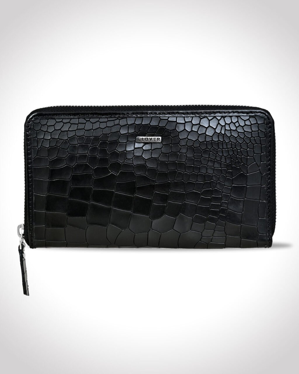 Fabrizia, Croco Finish Black Ladies Clutch, Top Grain Leather, Multiple Card Slots with Coin Pocket, RFID Protected | Clover