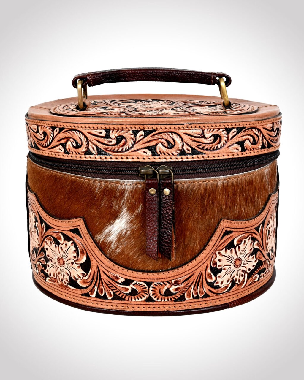 Premium Hand-Tooled  Full Grain Leather Makeup Organizer Box With Brown Hair-On Leather