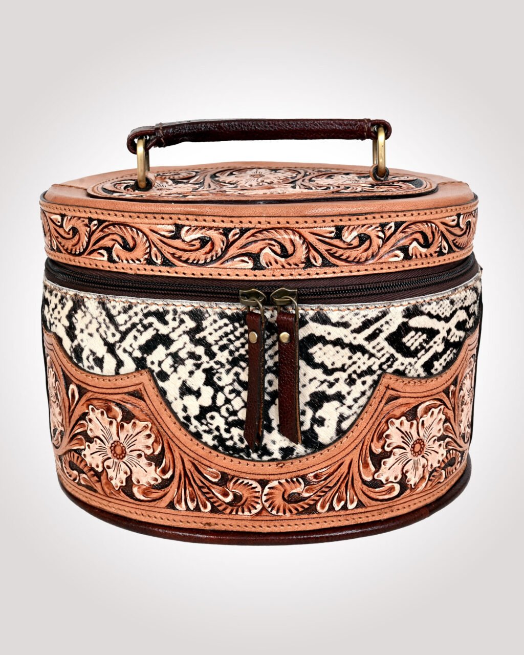 Premium Hand-Tooled  Full Grain Leather Makeup Organizer Box With Hair-On Leather
