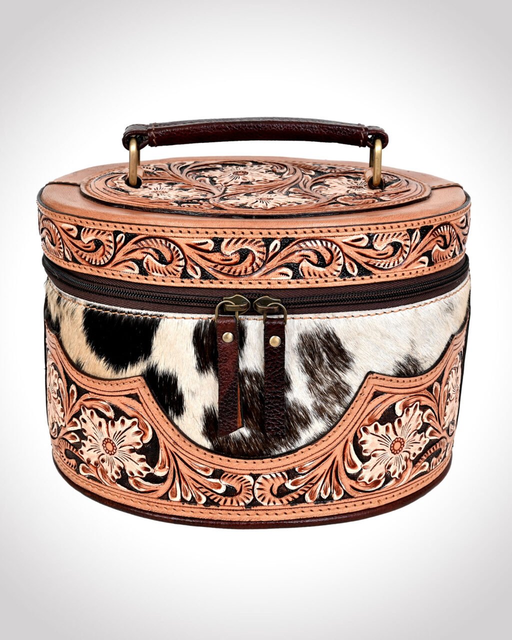 Premium Hand-Tooled  Full Grain Leather Makeup Organizer Box With Hair-On Leather