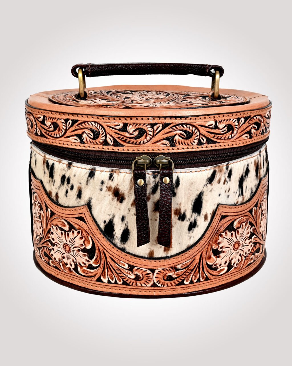 Premium Hand-Tooled  Full Grain Leather Makeup Organizer Box With Hair-On Leather