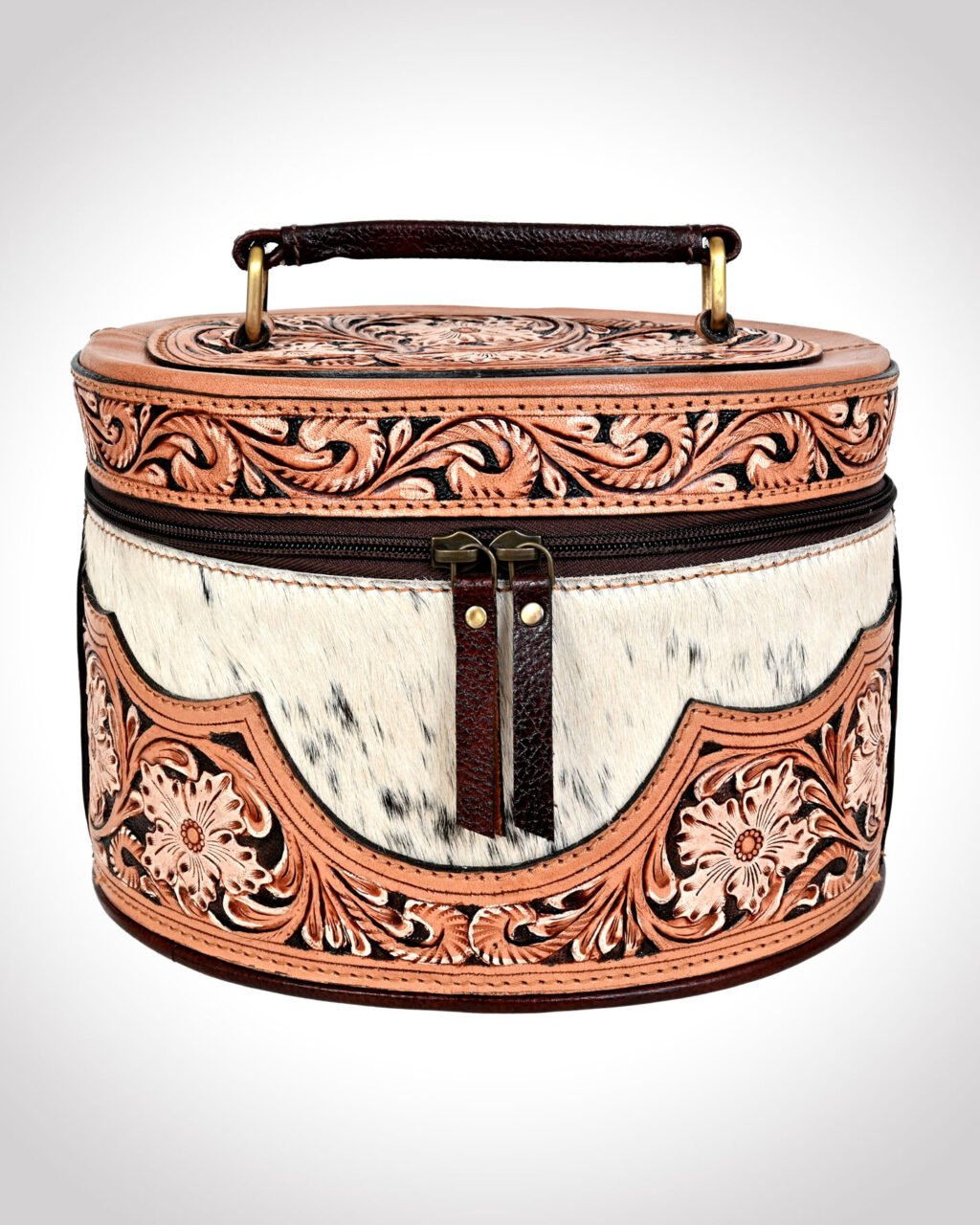 The Runway Hand-Tooled Leather Round Cosmetic and Travel Box